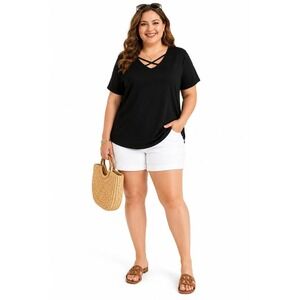 Women's Criss Cross V-Neck T-Shirt Black Size XL New With Tags